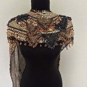 Vintage, elegant Sequin Beaded Lace Hip Wrap Collar Shoulder Shawl Silver & Gold